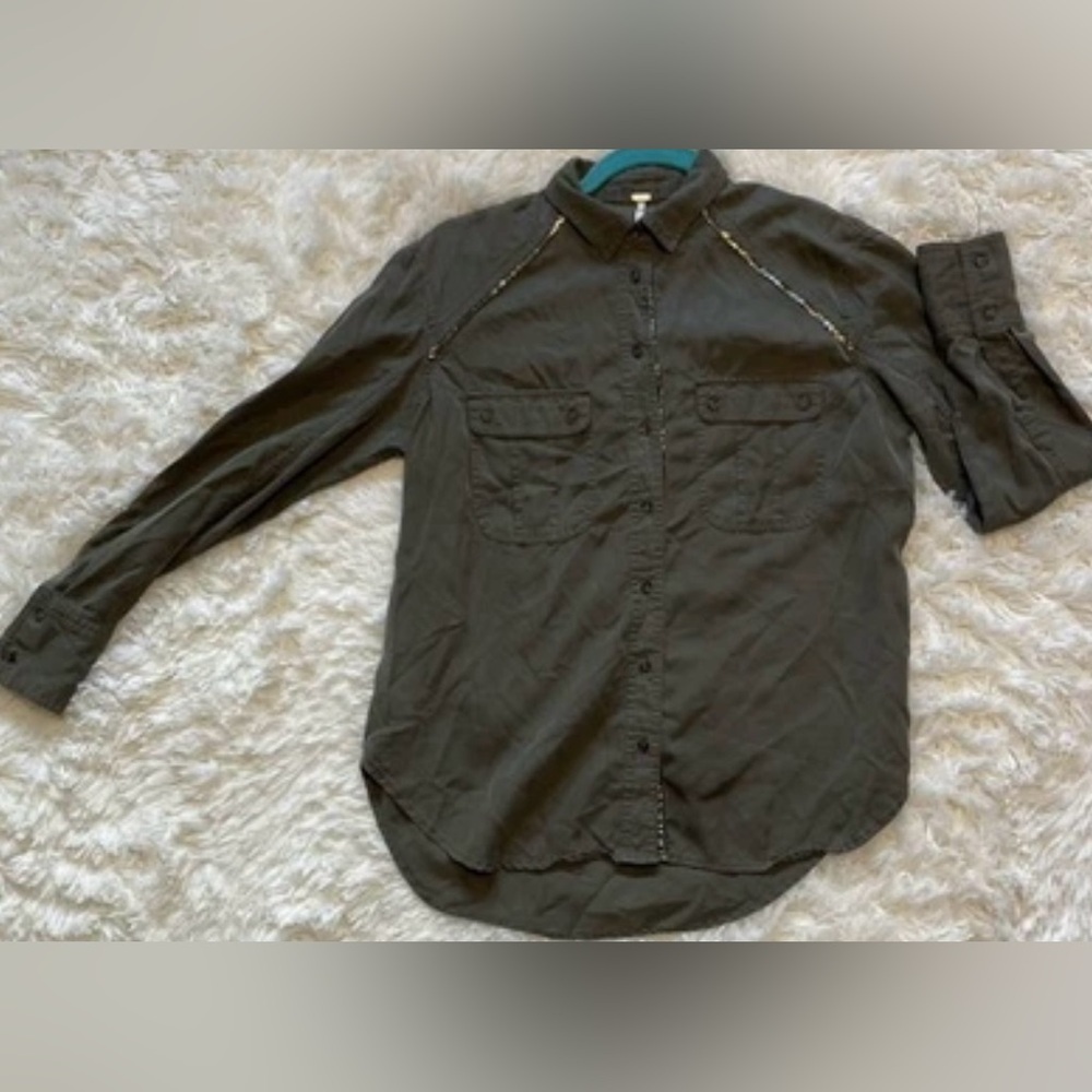 Free People Off-Campus Metallic-Trim Utility Shirt Boho Chic Khaki Green XS - Picture 4 of 9
